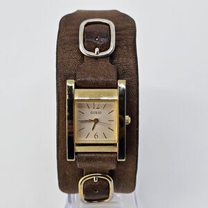 Guess Tank Watch Women 22MM Gold Dial Wide Brown Leather Band New‎ Battery